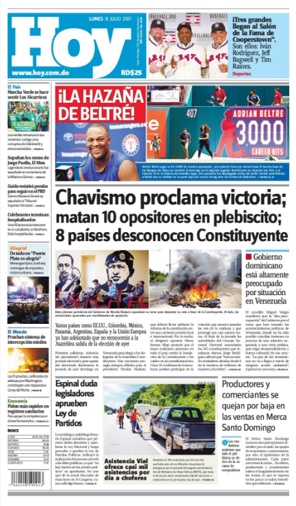Portada Periódico Hoy, Lunes 31 de Julio 2017