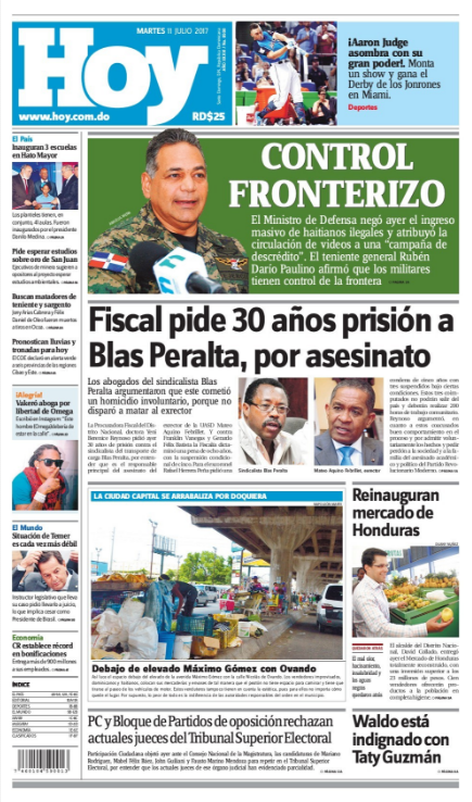 Portada Periódico Hoy, Martes 11 de Julio del 2017