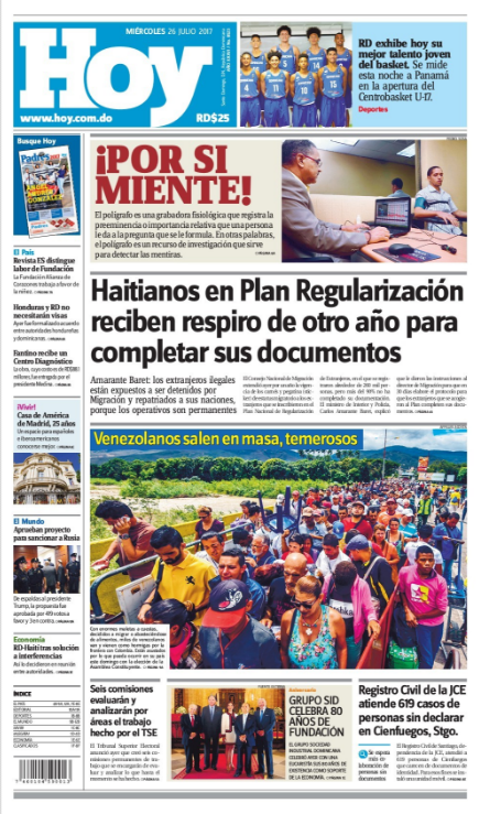 Portada Periódico Hoy, Miércoles 26 de Julio 2017