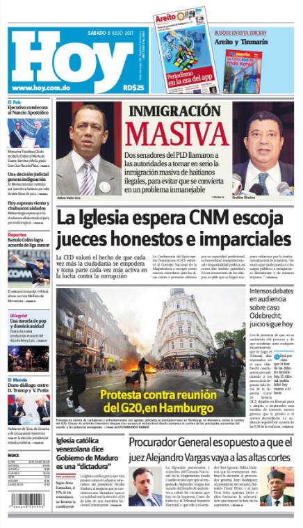 Portada Periódico Hoy, Sábado 08 de Julio del 2017