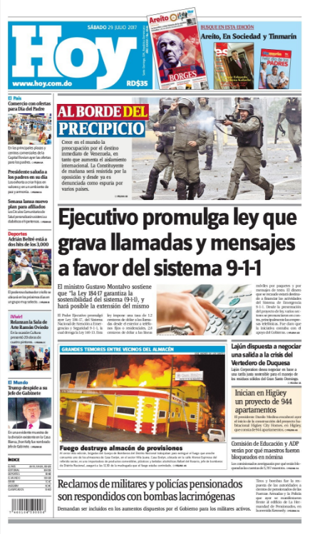 Portada Periódico Hoy, Sábado 29 de Julio 2017