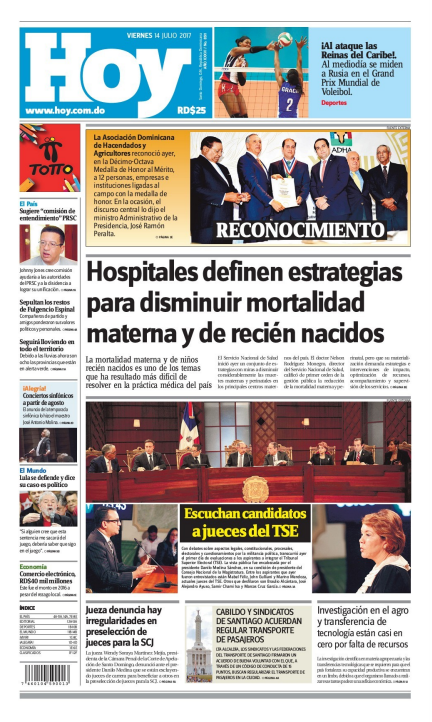 Portada Periódico Hoy, Viernes 14 de Julio del 2017