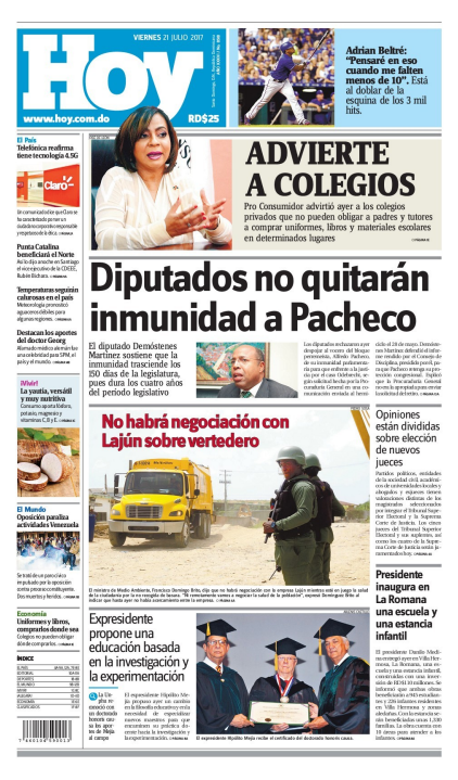 Portada Periódico Hoy, Viernes 21 de Julio 2017