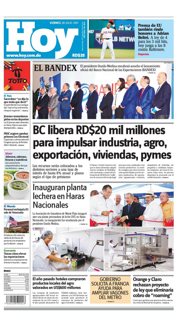Portada Periódico Hoy, Viernes 28 de Julio 2017