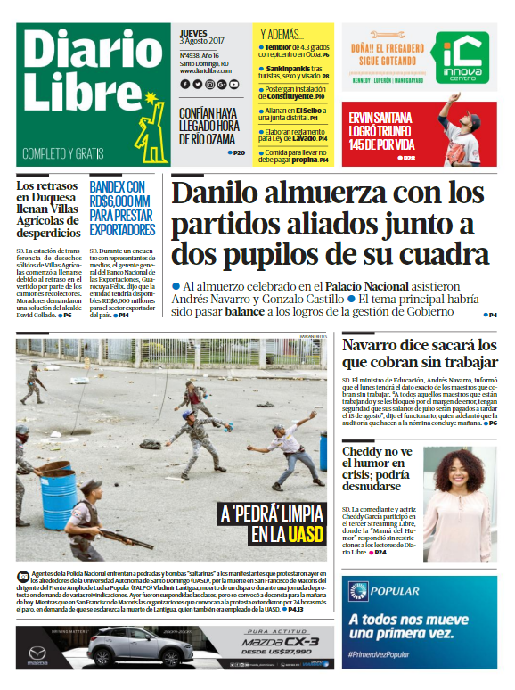 Portada Diario Libre, Jueves 03 de Agosto 2017