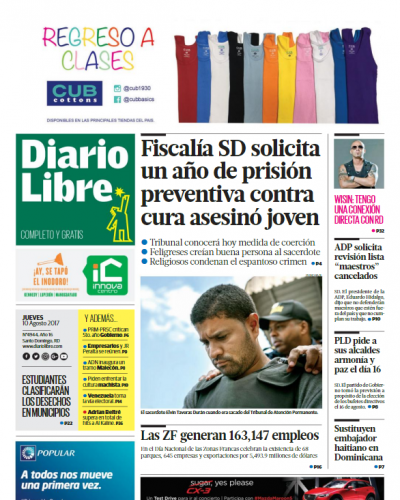 Portada Diario Libre, Jueves 10 de Agosto 2017