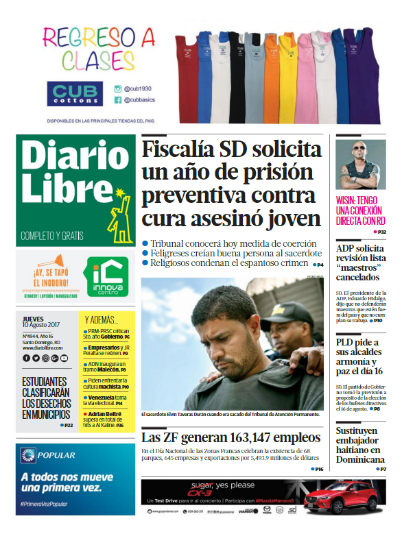 Portada Diario Libre, Jueves 10 de Agosto 2017