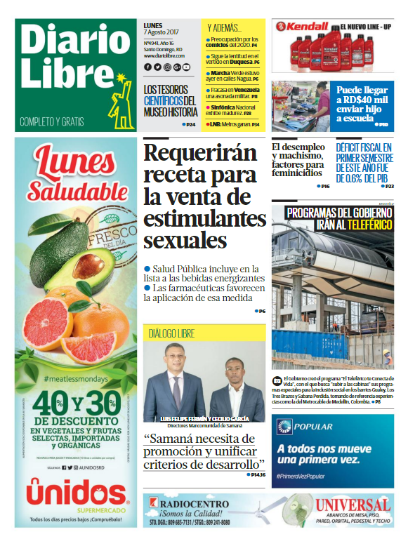 Portada Diario Libre, Lunes 07 de Agosto 2017