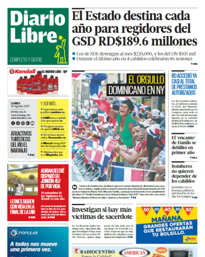 Portada Diario Libre, Lunes 14 de Agosto 2017