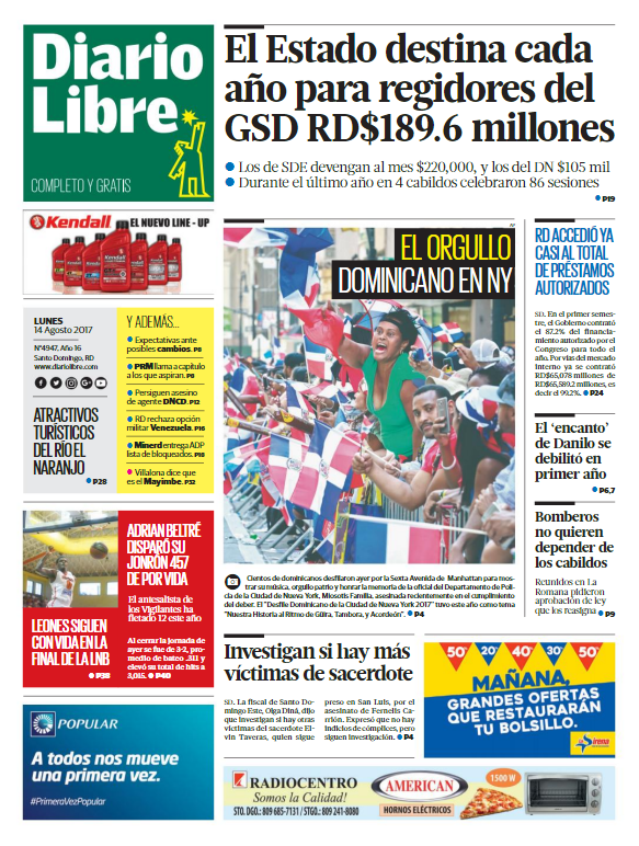 Portada Diario Libre, Lunes 14 de Agosto 2017