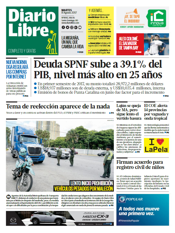 Portada Diario Libre, Martes 08 de Agosto 2017