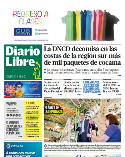 Portada Diario Libre, Miércoles 02 de Agosto 2017