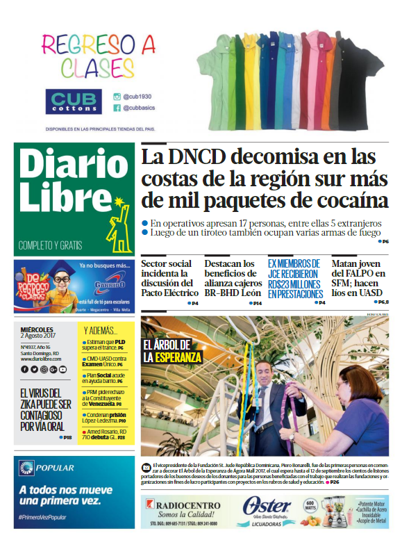 Portada Diario Libre, Miércoles 02 de Agosto 2017