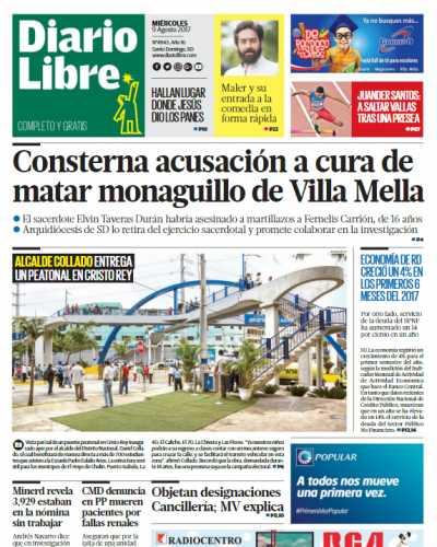 Portada Diario Libre, Miércoles 09 de Agosto 2017