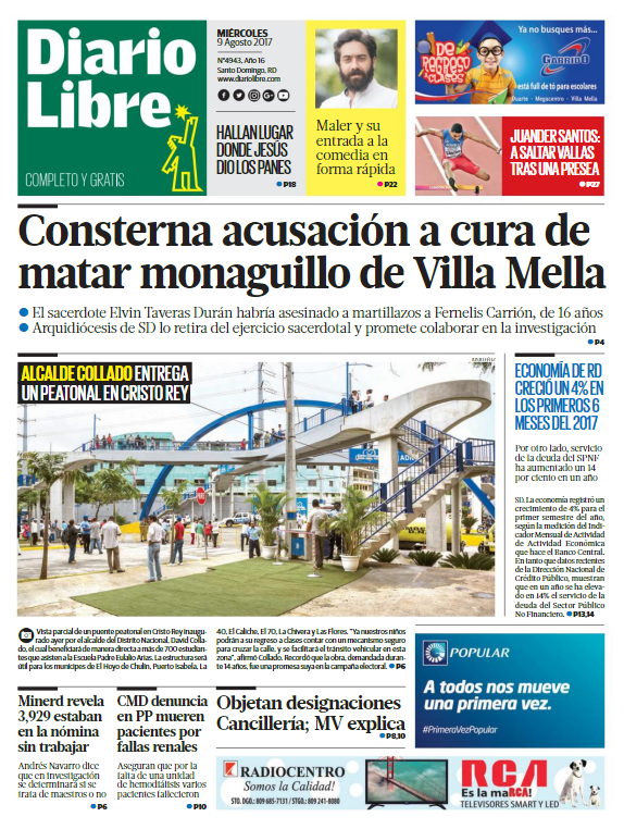 Portada Diario Libre, Miércoles 09 de Agosto 2017