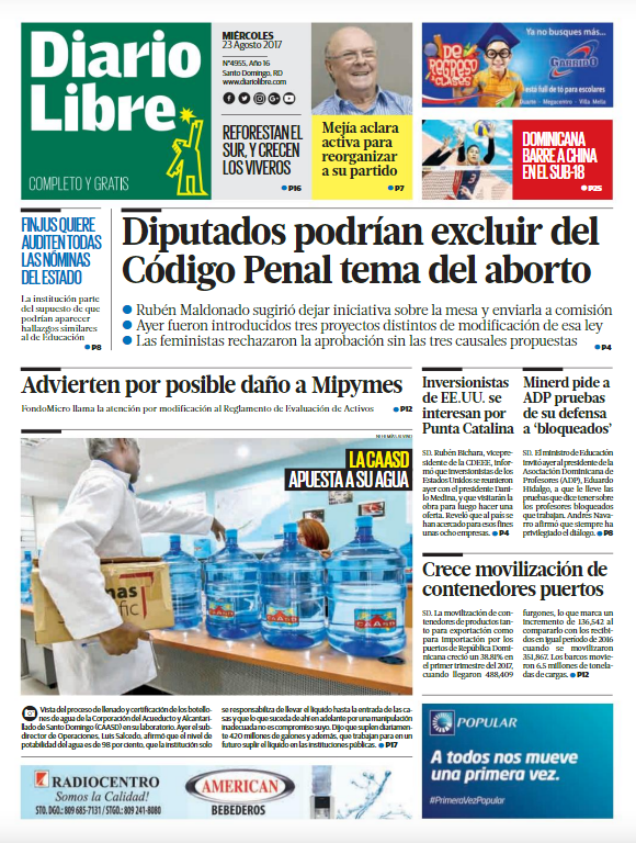 Portada Diario Libre, Miércoles 23 de Agosto 2017