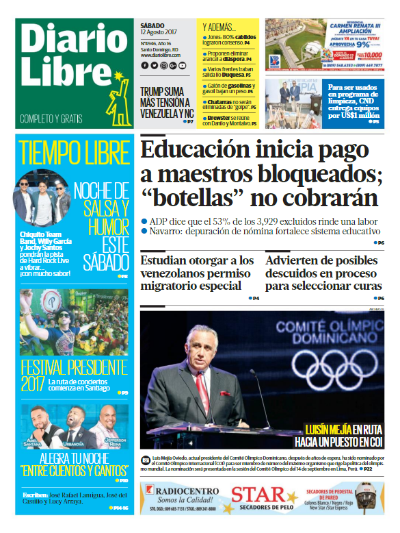 Portada Diario Libre, Sábado 12 de Agosto 2017