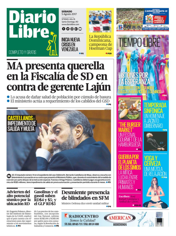 Portada Diario Libre, Sábado 05 de Agosto 2017