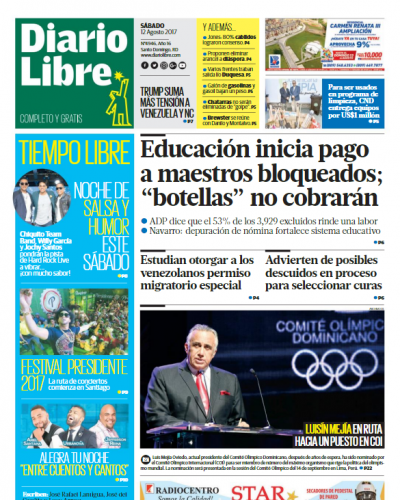 Portada Diario Libre, Sábado 12 de Agosto 2017