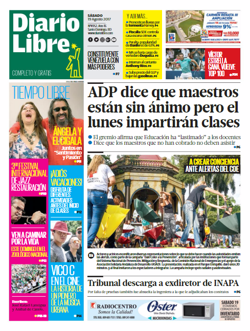 Portada Diario Libre, Sábado 19 de Agosto 2017