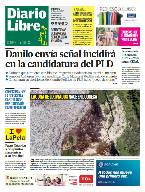 Portada Diario Libre, Viernes 04 de Agosto 2017