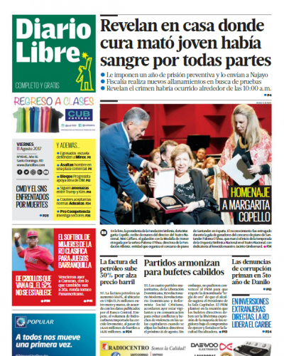 Portada Diario Libre, Viernes 11 de Agosto 2017