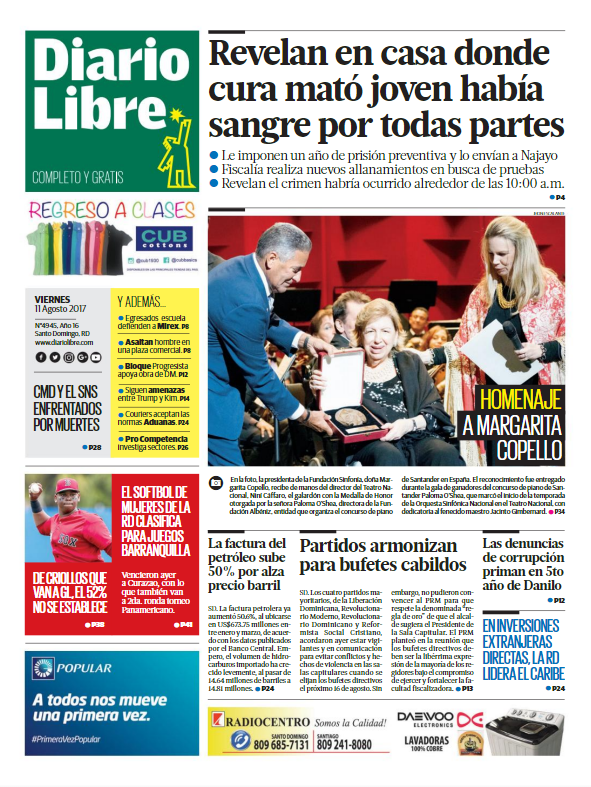 Portada Diario Libre, Viernes 11 de Agosto 2017