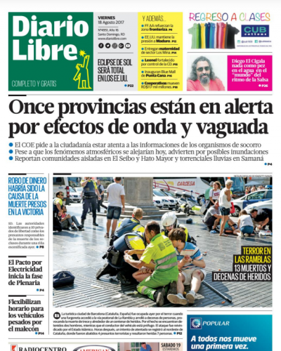 Portada Diario Libre, Viernes 18 de Agosto 2017