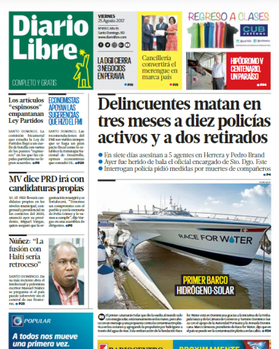 Portada Diario Libre, Viernes 25 de Agosto 2017
