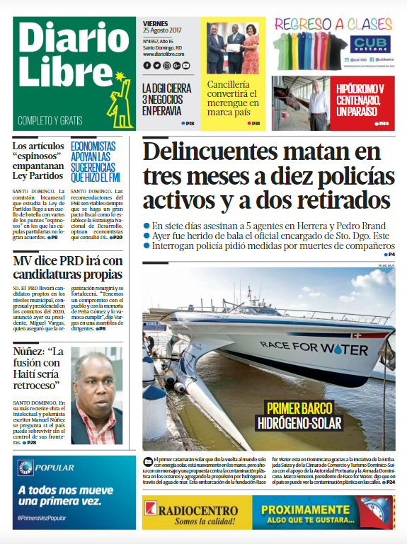 Portada Diario Libre, Viernes 25 de Agosto 2017