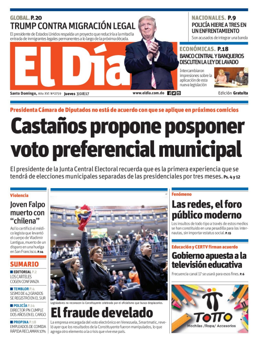 Portada El Día, Jueves 03 de Agosto 2017