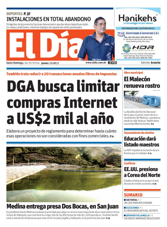 Portada El Día, Jueves 10 de Agosto 2017
