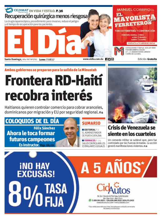 Portada El Día, Lunes 07 de Agosto 2017