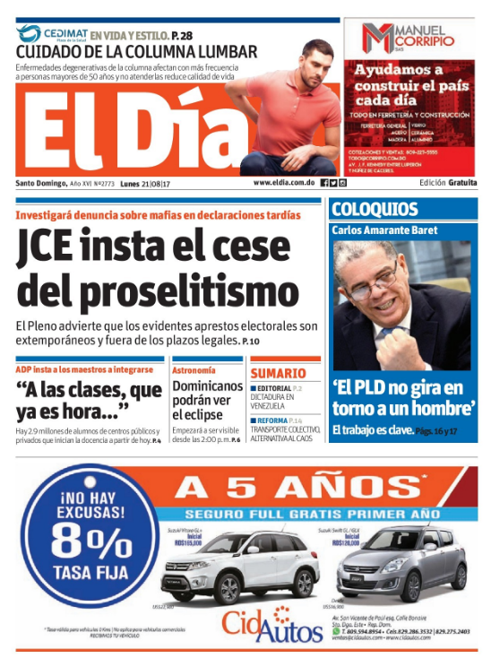 Portada El Día, Lunes 21 de Agosto 2017