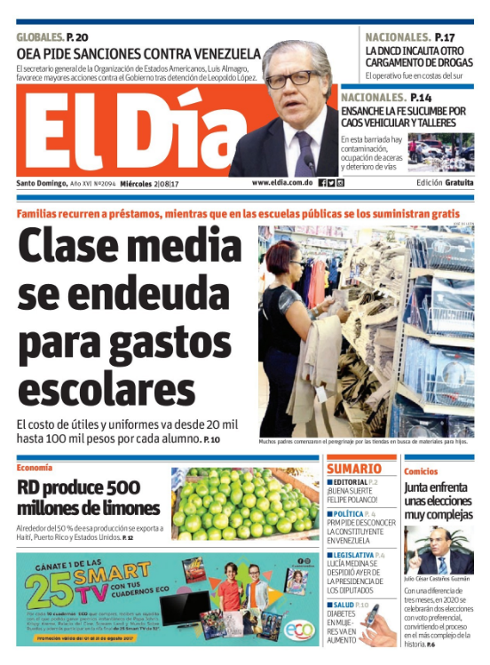 Portada El Día, Miércoles 02 de Agosto 2017