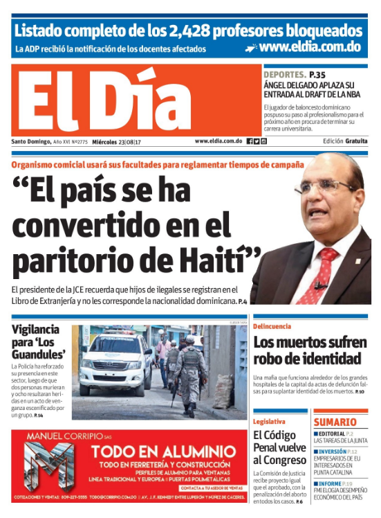 Portada El Día, Miércoles 23 de Agosto 2017