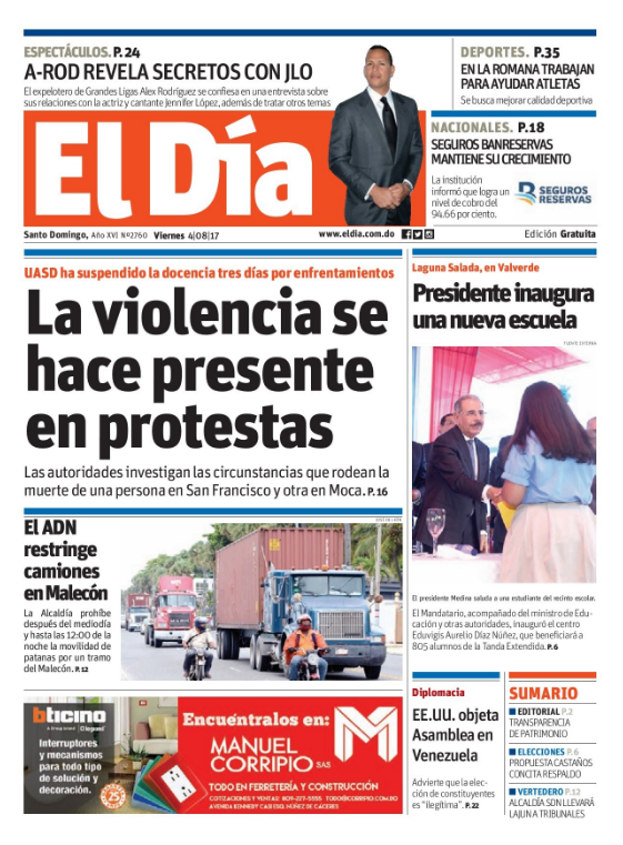 Portada El Día, Viernes 04 de Agosto 2017