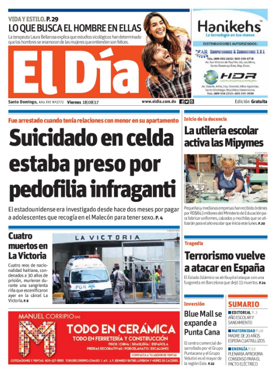Portada El Día, Viernes 18 de Agosto 2017