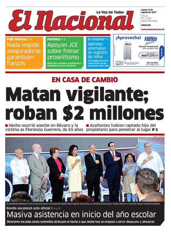 Portada El Nacional, Lunes 21 de Agosto 2017