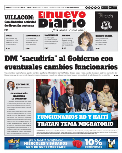 Portada El Nuevo Diario, Jueves 10 de Agosto 2017