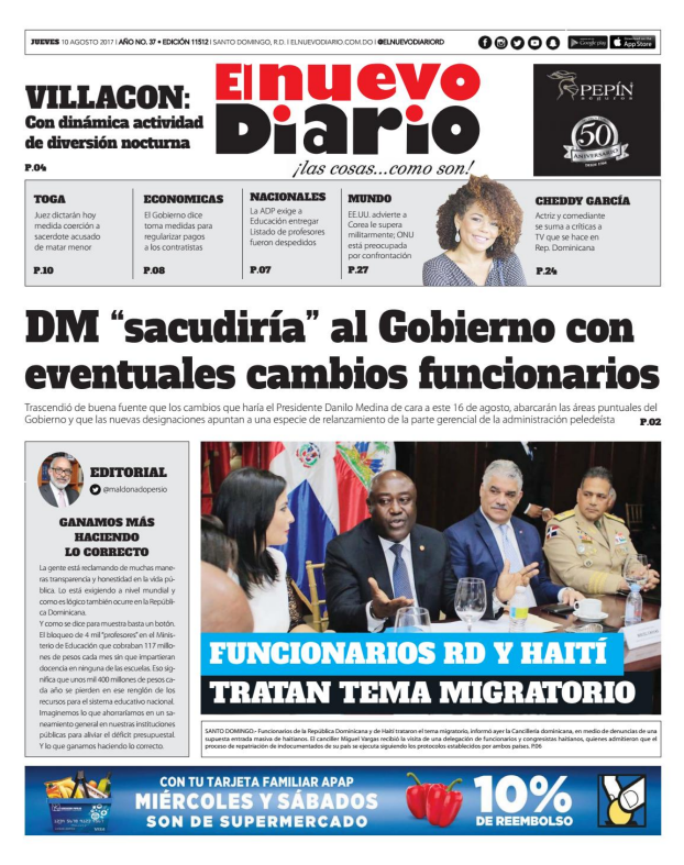 Portada El Nuevo Diario, Jueves 10 de Agosto 2017