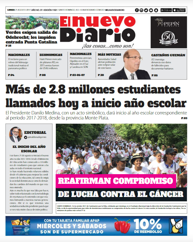 Portada El Nuevo Diario, Lunes 21 de Agosto 2017