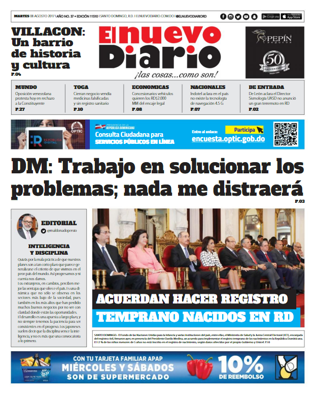 Portada El Nuevo Diario, Martes 08 de Agosto 2017