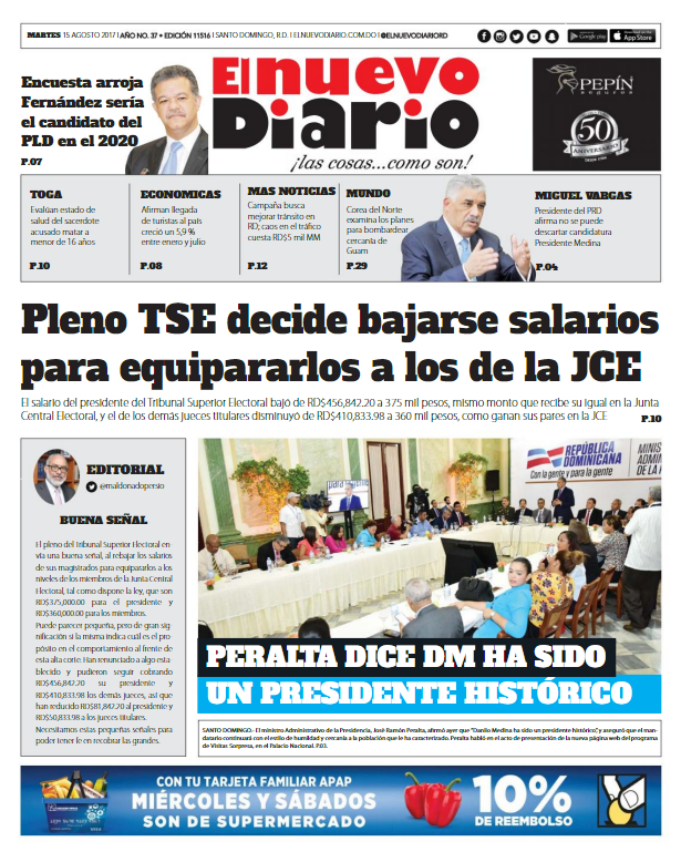 Portada El Nuevo Diario, Martes 15 de Agosto 2017