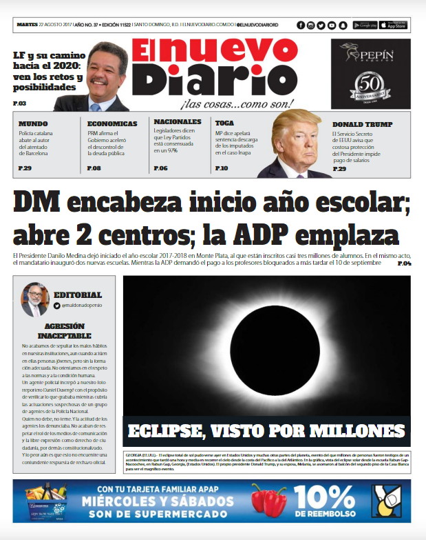 Portada El Nuevo Diario, Martes 22 de Agosto 2017