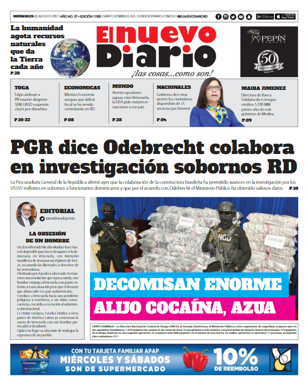 Portada El Nuevo Diario, Miércoles 02 de Agosto 2017