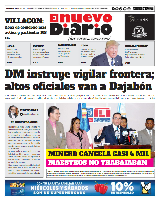 Portada El Nuevo Diario, Miércoles 09 de Agosto 2017