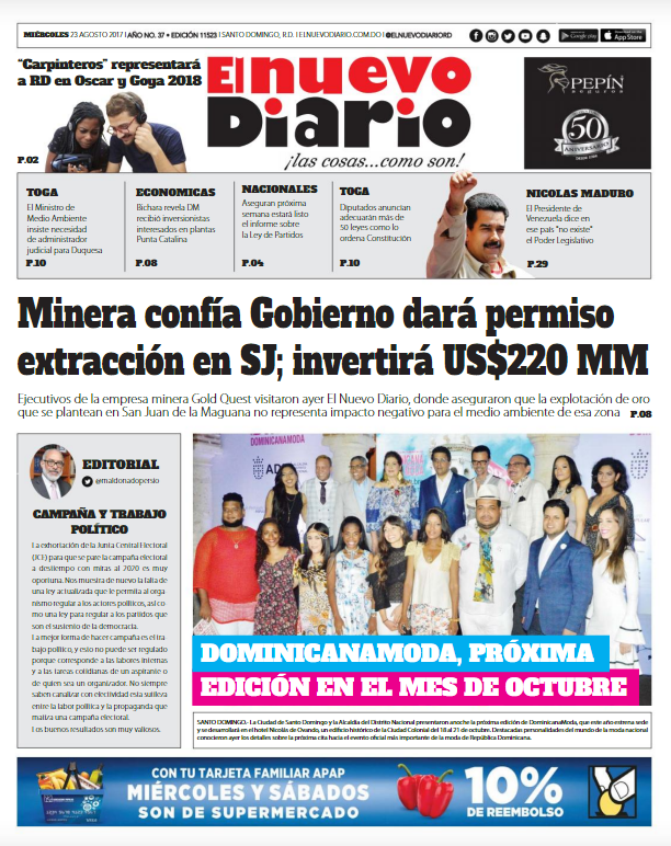 Portada El Nuevo Diario, Miércoles 23 de Agosto 2017