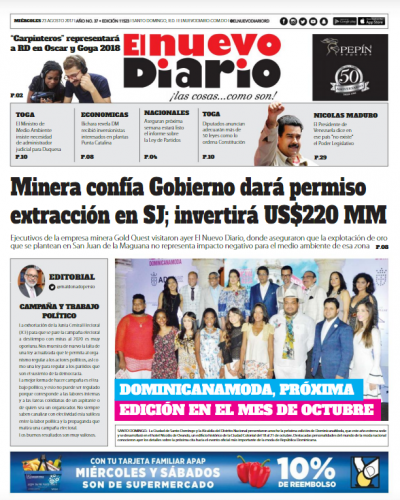 Portada El Nuevo Diario, Miércoles 23 de Agosto 2017