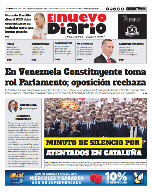 Portada El Nuevo Diario, Sábado 19 de Agosto 2017